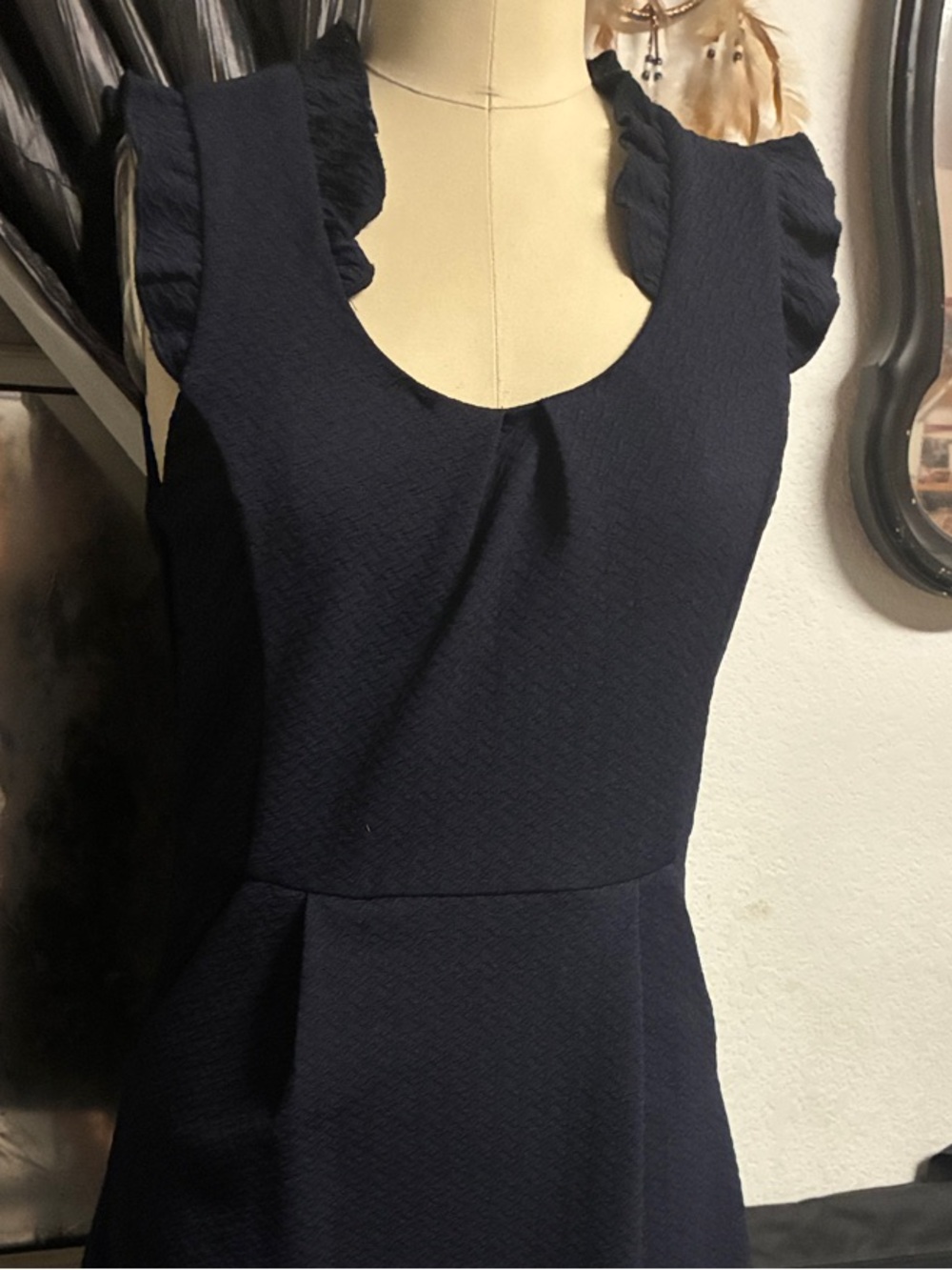 THML Navy Ruffle-Shoulder Mini Dress